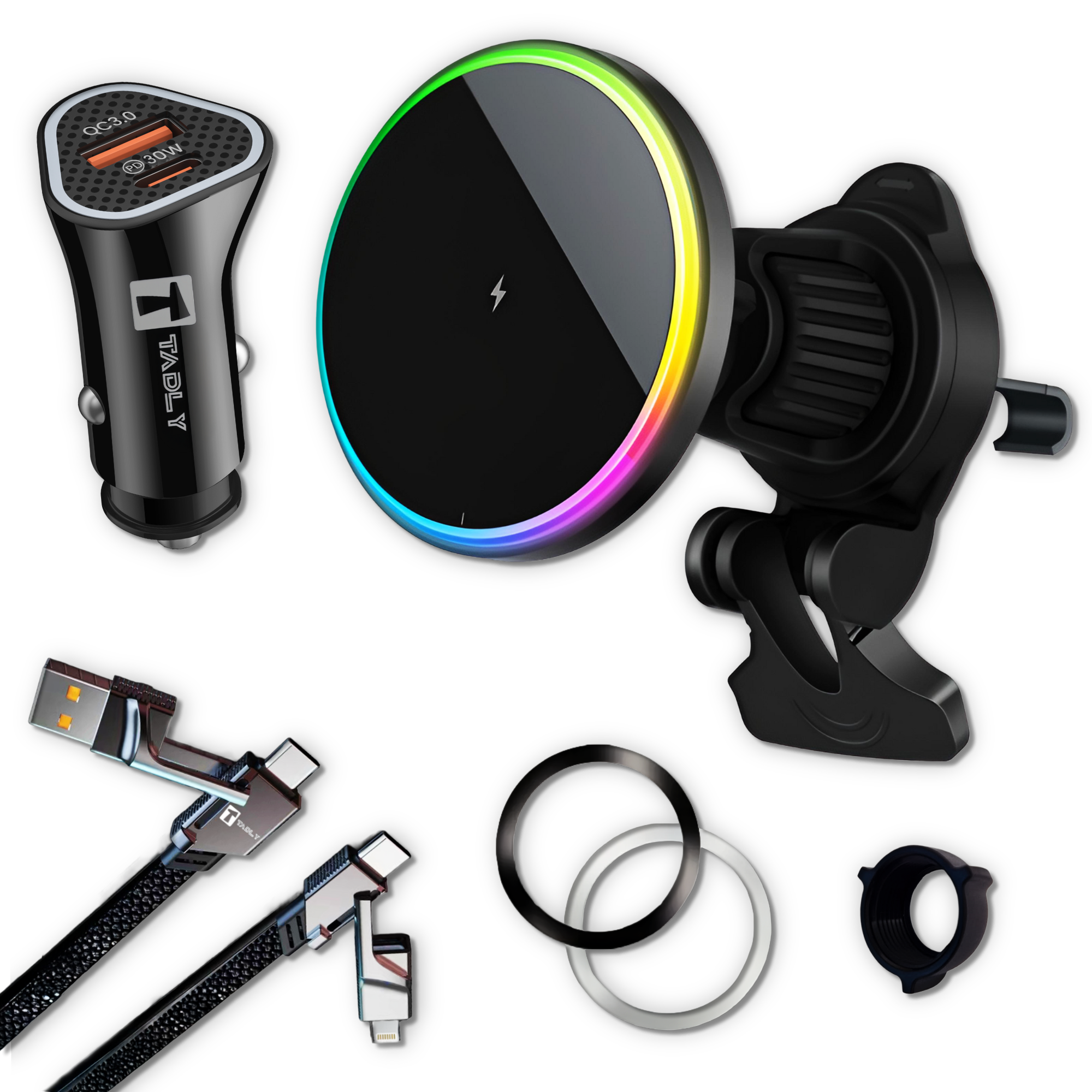 15W Magnetic Wireless Car Charger (MagSafe/Qi) + 30W Car Charger + 4‑in‑1 cable